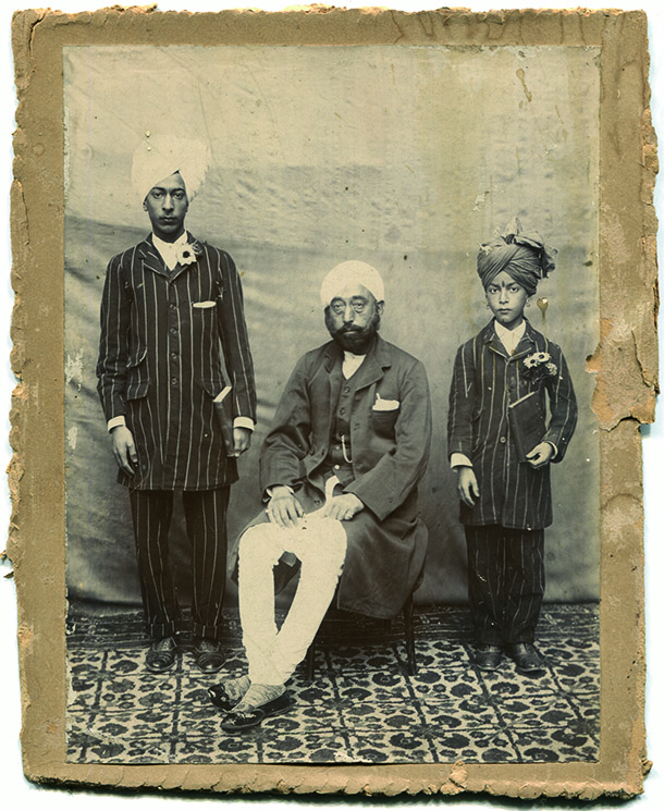 Pandit Nandlal Mattoo, Pandit Suraj Kak Mattoo and Pandit Raghunath Mattoo at their home in Rainawari, circa 1905 The Mattoo Collection, Kashmir Photo Collective