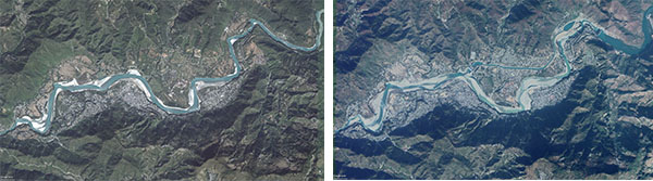 Srinagar, Pauri Garhwal, Uttarakhand below In 2005, a year before a 30-year power purchase agreement was signed for the Alaknanda Hydroelectric Projec. right In 2019, the altered course of the Alaknanda river